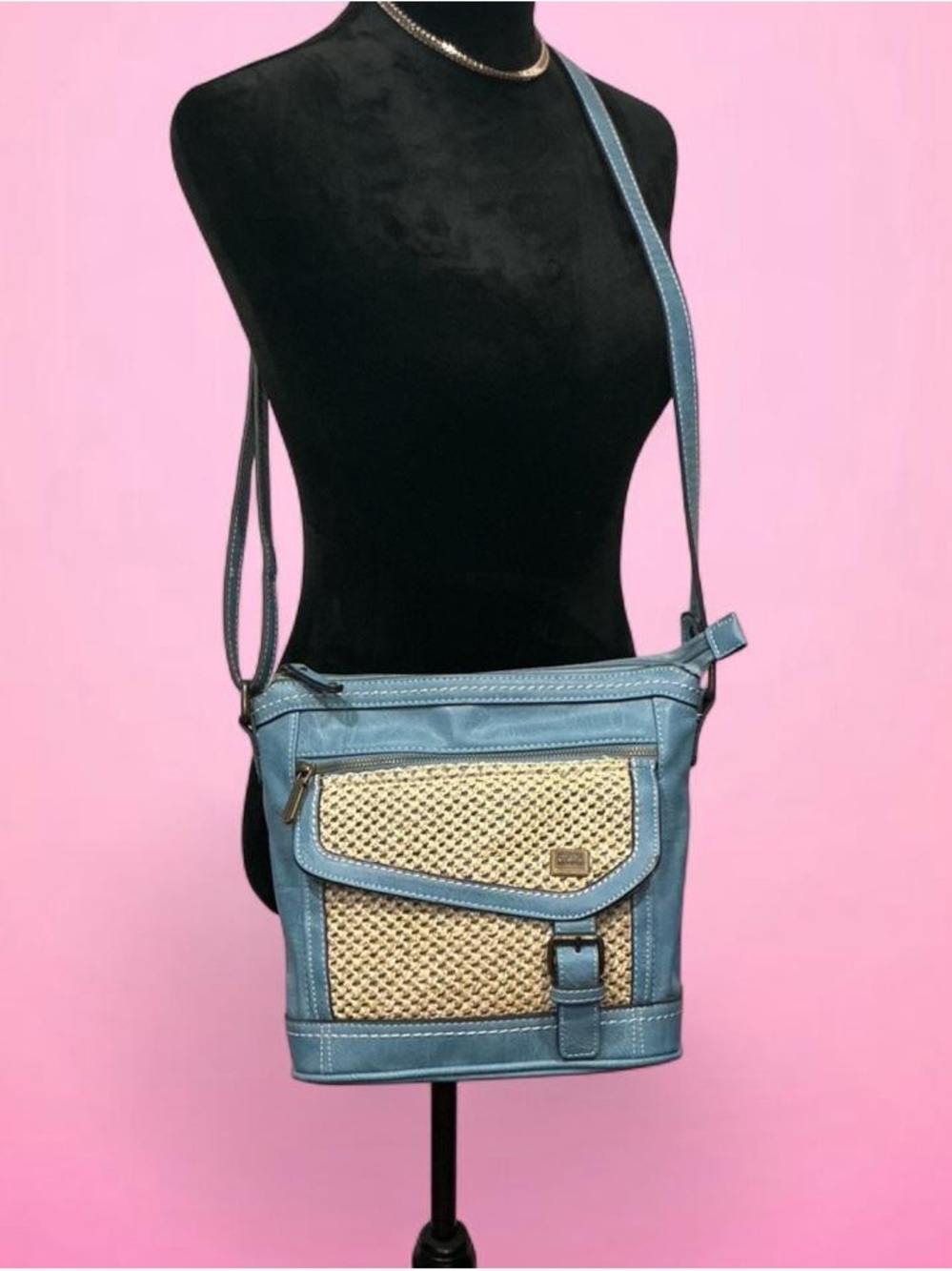 💙 Krona Blue and Beige Woven Panel Crossbody Bag by